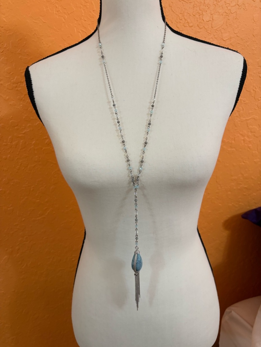 Delicate Silver Long Necklace with Blue Tassel Pendant